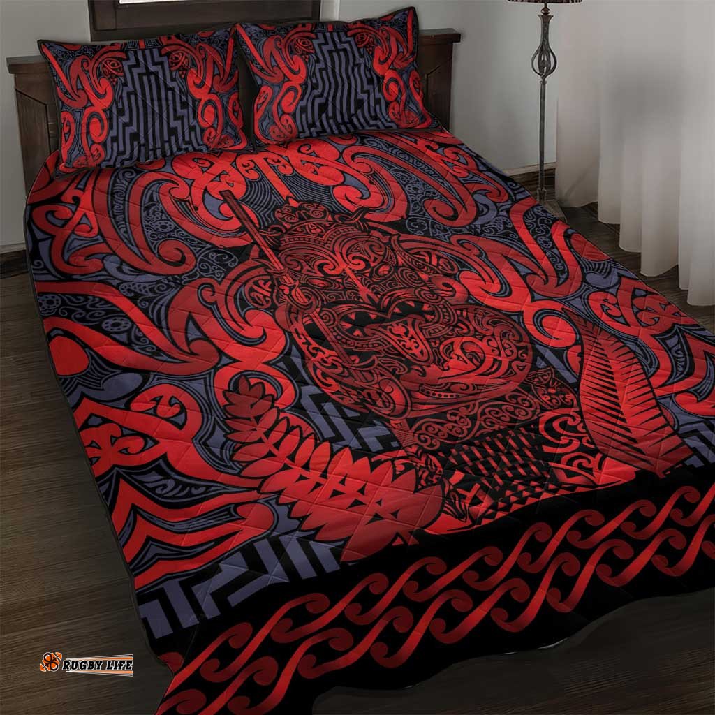 New Zealand Taiaha Maori Quilt Bed Set Whero Minimalist Silver Fern Tukutuku Motif LT9