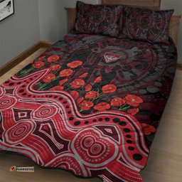 Essendon Bombers ANZAC Day Quilt Bed Set Indigenous Dot Art with Poppy Flower Tribute TS04