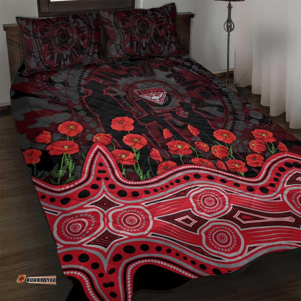 Essendon Bombers ANZAC Day Quilt Bed Set Indigenous Dot Art with Poppy Flower Tribute TS04