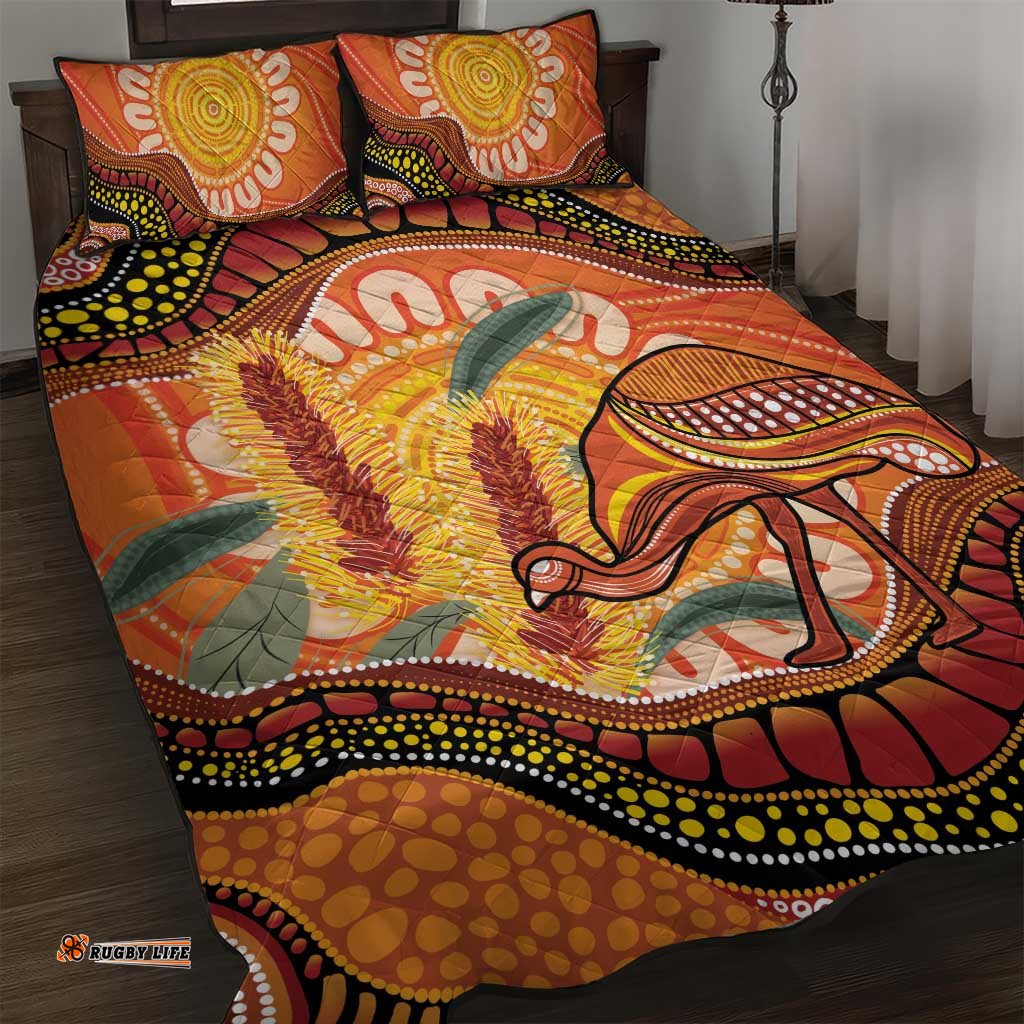 Indigenous Emu Australia Quilt Bed Set Australian Bottlebrushes Aboriginal Art Proud LT14