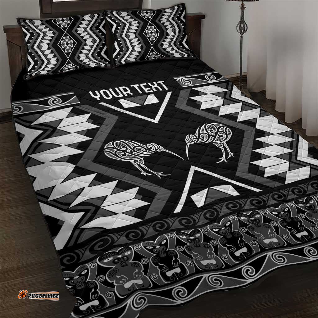 Personalised Taniko Motifs Aotearoa Quilt Bed Set Waitangi Kowhaiwhai Kiwi - Monochrome LT7