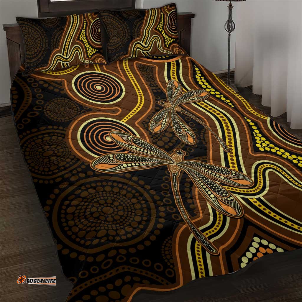 Orange Indigenous Dragonfly Australia Quilt Bed Set Aboriginal Art LT14