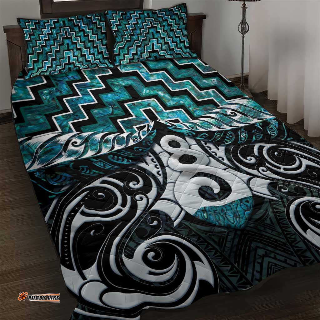 New Zealand Maori Quilt Bed Set Poutama Pikorua Turquoise Paua Shell LT05