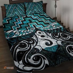 New Zealand Maori Quilt Bed Set Poutama Pikorua Turquoise Paua Shell LT05