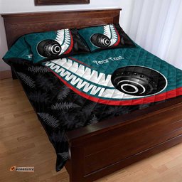 Personalised Aotearoa Lawn Bowls Quilt Bed Set Maori and Silver Fern Sporty Style Teal Color LT03