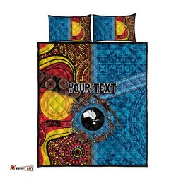 Personalised Australia and Fiji Together Quilt Bed Set Tribal Palm Tree with Tapa and Aboriginal Animals Half Style LT03