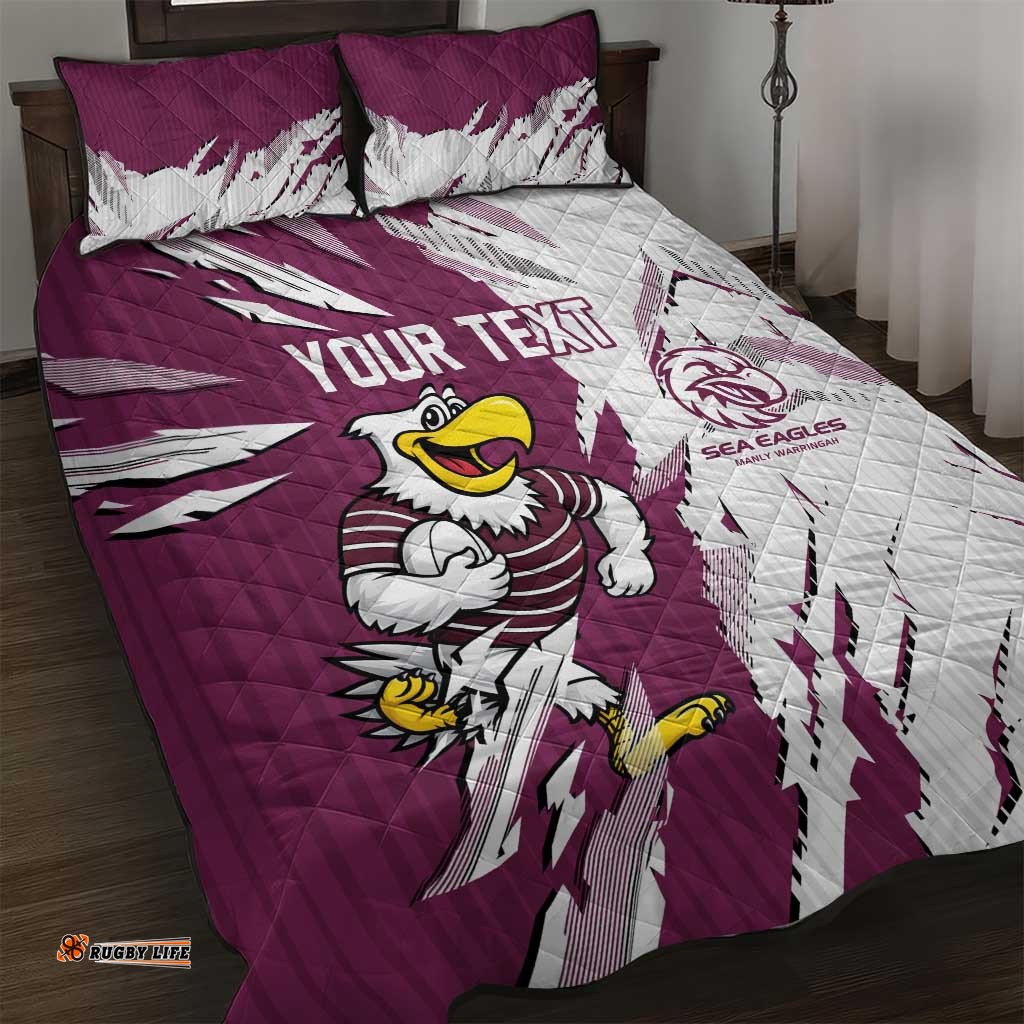 Personalized Manly Warringah Sea Eagles Quilt Bed Set Dynamic Lightning Mascot Rugby Australia TS04