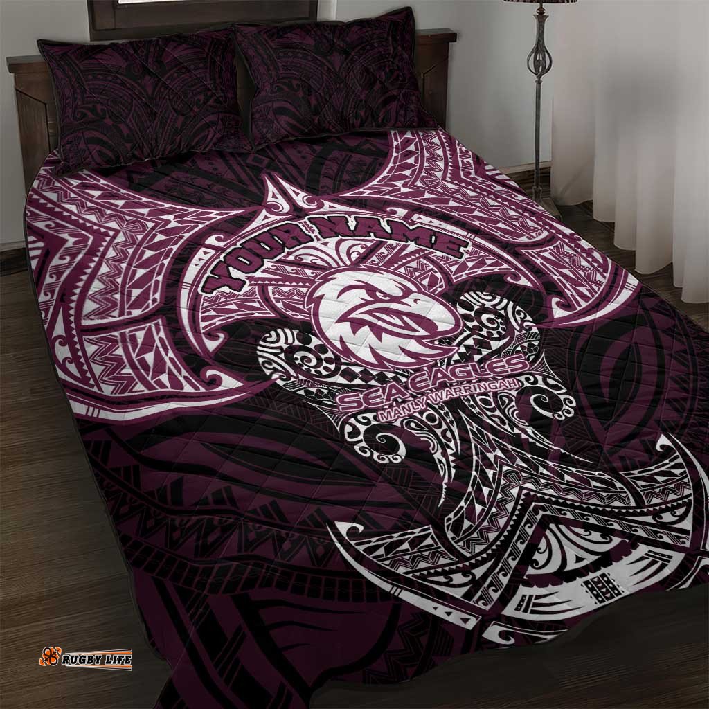 Personalized Manly Warringah Sea Eagles Quilt Bed Set Polynesian Tribal Pattern Style TS04