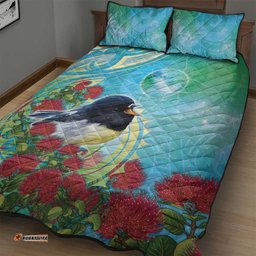 New Zealand Tomtit Quilt Bed Set Maori Koru With Pohutukawa Galaxy Style LT05