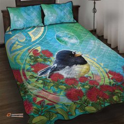 New Zealand Tomtit Quilt Bed Set Maori Koru With Pohutukawa Galaxy Style LT05