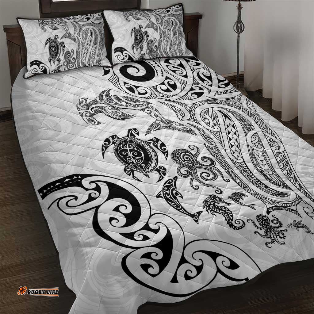 New Zealand Sea Animals with Maori Tribal Tattoo Quilt Bed Set White Color LT03