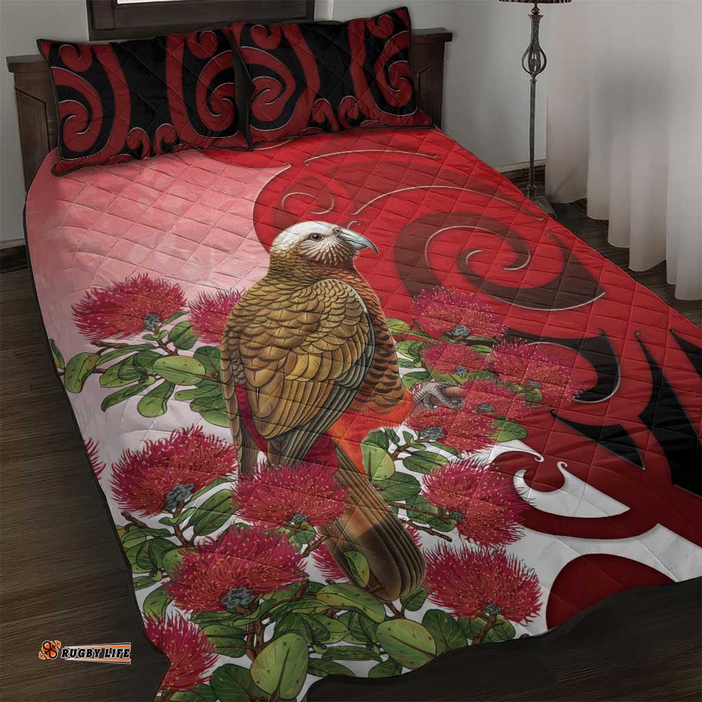 New Zealand Parrot Kaka Quilt Bed Set Maori Koru With Pohutukawa Flowers LT05
