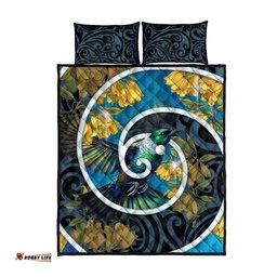 New Zealand Tui Bird Quilt Bed Set Maori Koru With Kowhai Flowers LT05