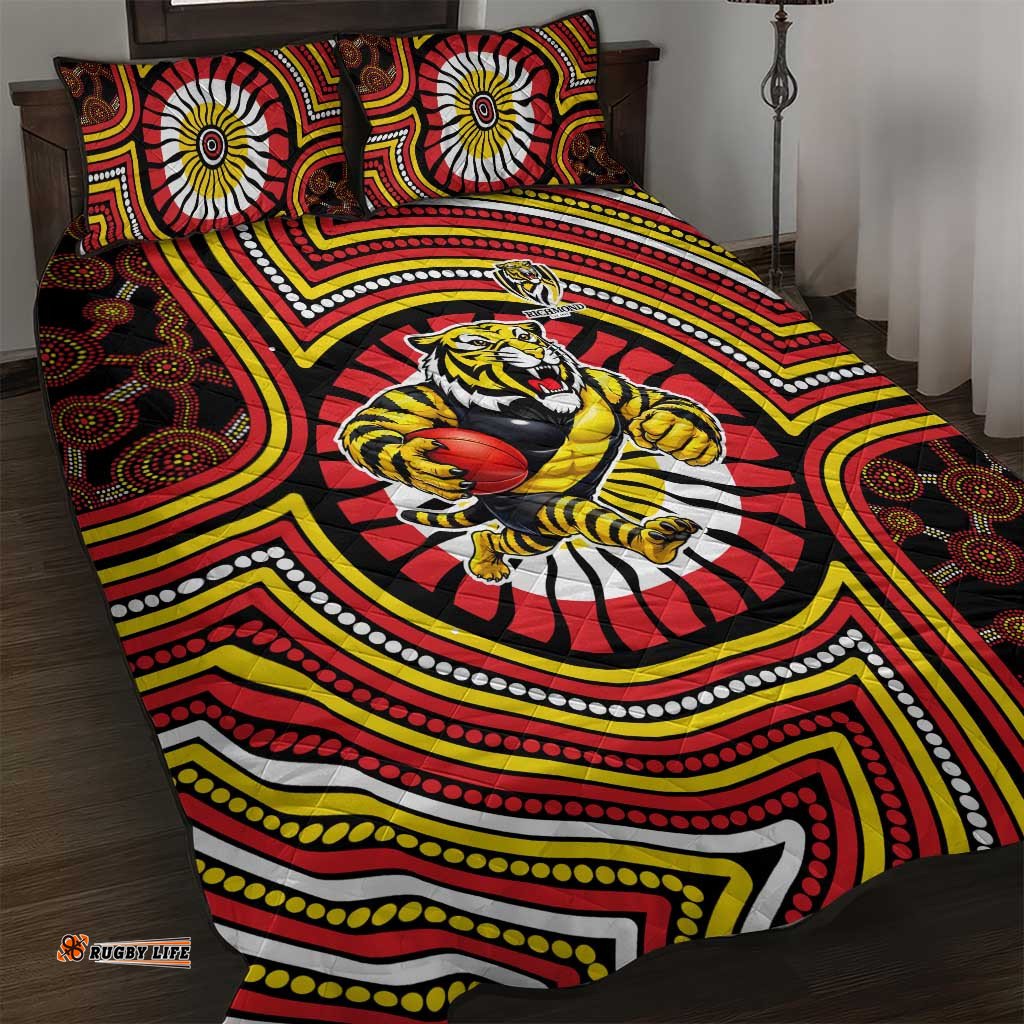 Richmond Football Club Quilt Bed Set Indigenous Monochrome Dot Art Mascot Style TS04