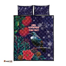 Tui Meri Kirihimete Personalised Quilt Bed Set Pohutukawa Flowers Blue Motif LT9