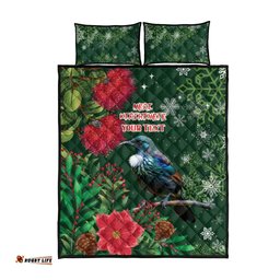 Tui Meri Kirihimete Personalised Quilt Bed Set Pohutukawa Flowers Green Motif LT9