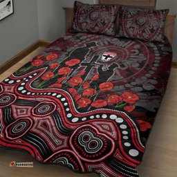 St Kilda Saints ANZAC Day Quilt Bed Set Indigenous Dot Art with Poppy Flower Tribute TS04