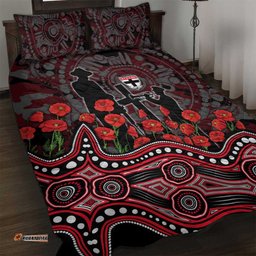 St Kilda Saints ANZAC Day Quilt Bed Set Indigenous Dot Art with Poppy Flower Tribute TS04
