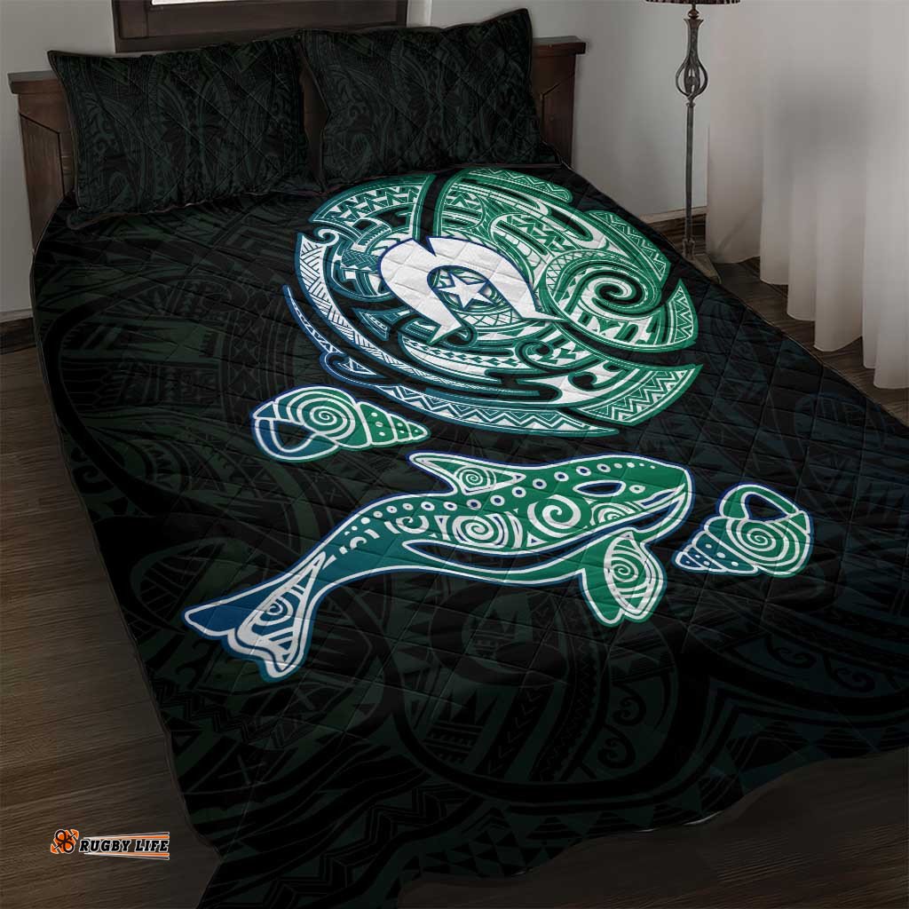 Whale and Dhari Torres Strait Islands Quilt Bed Set Deep Green Oceanic Tribal Pattern Art TS04