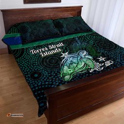 Torres Strait Islands Sea Turtle and Dhari Quilt Bed Set Oceanic Indigenous Dotwork Tribal Illustration TS04