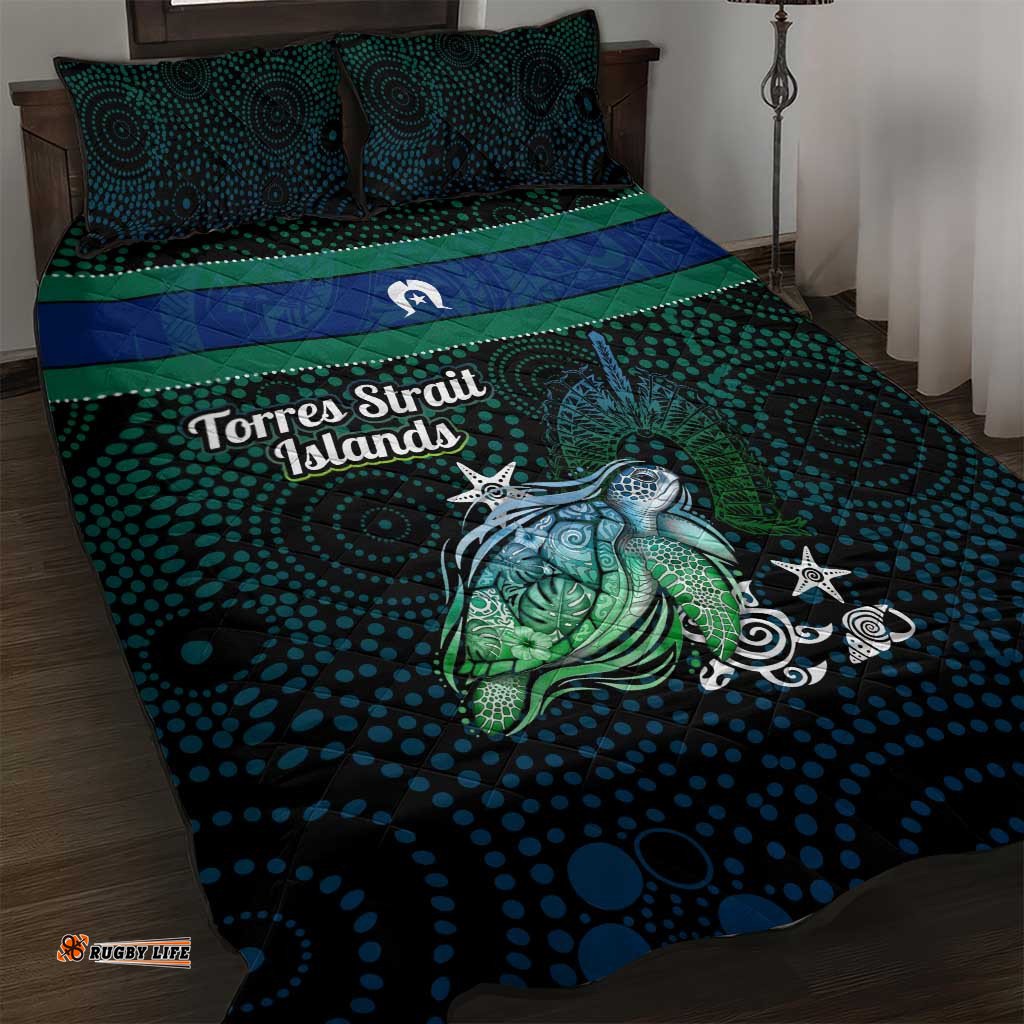 Torres Strait Islands Sea Turtle and Dhari Quilt Bed Set Oceanic Indigenous Dotwork Tribal Illustration TS04