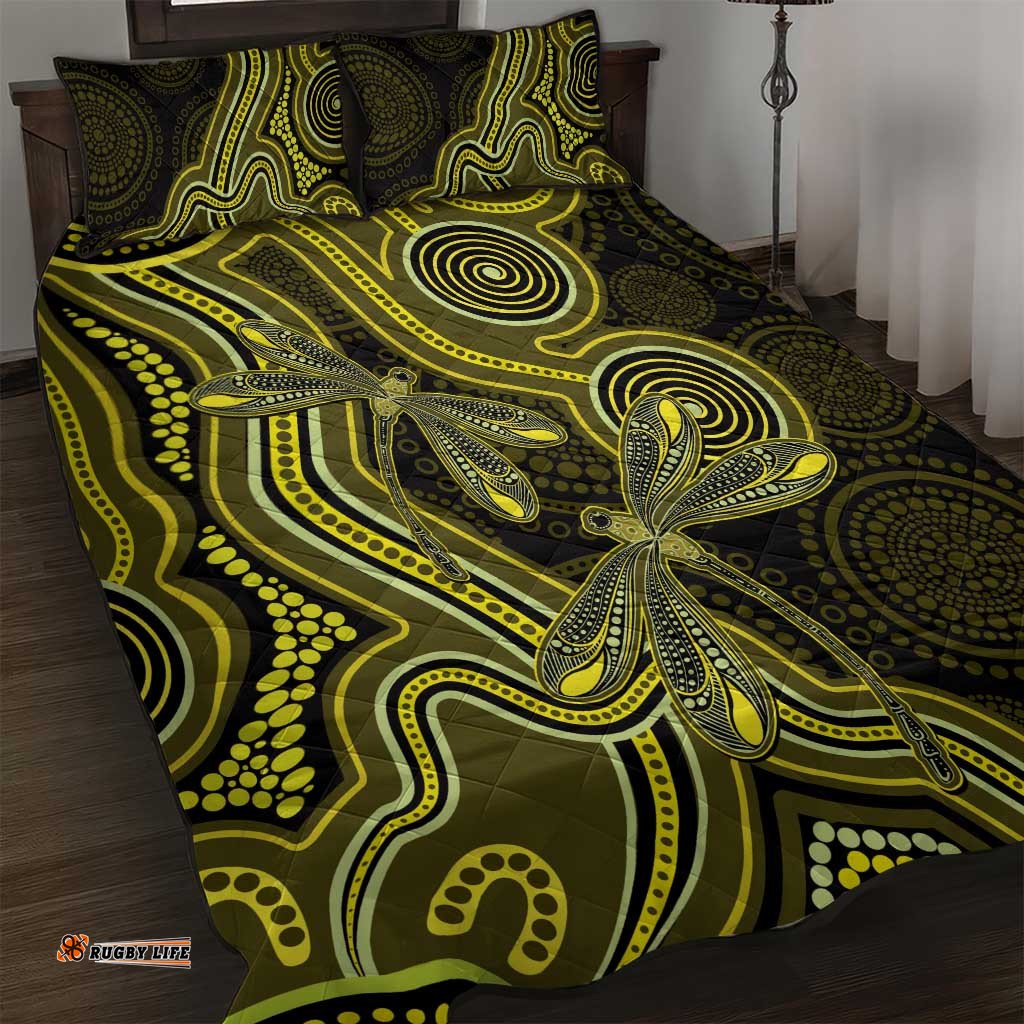 Yellow Indigenous Dragonfly Australia Quilt Bed Set Aboriginal Art LT14