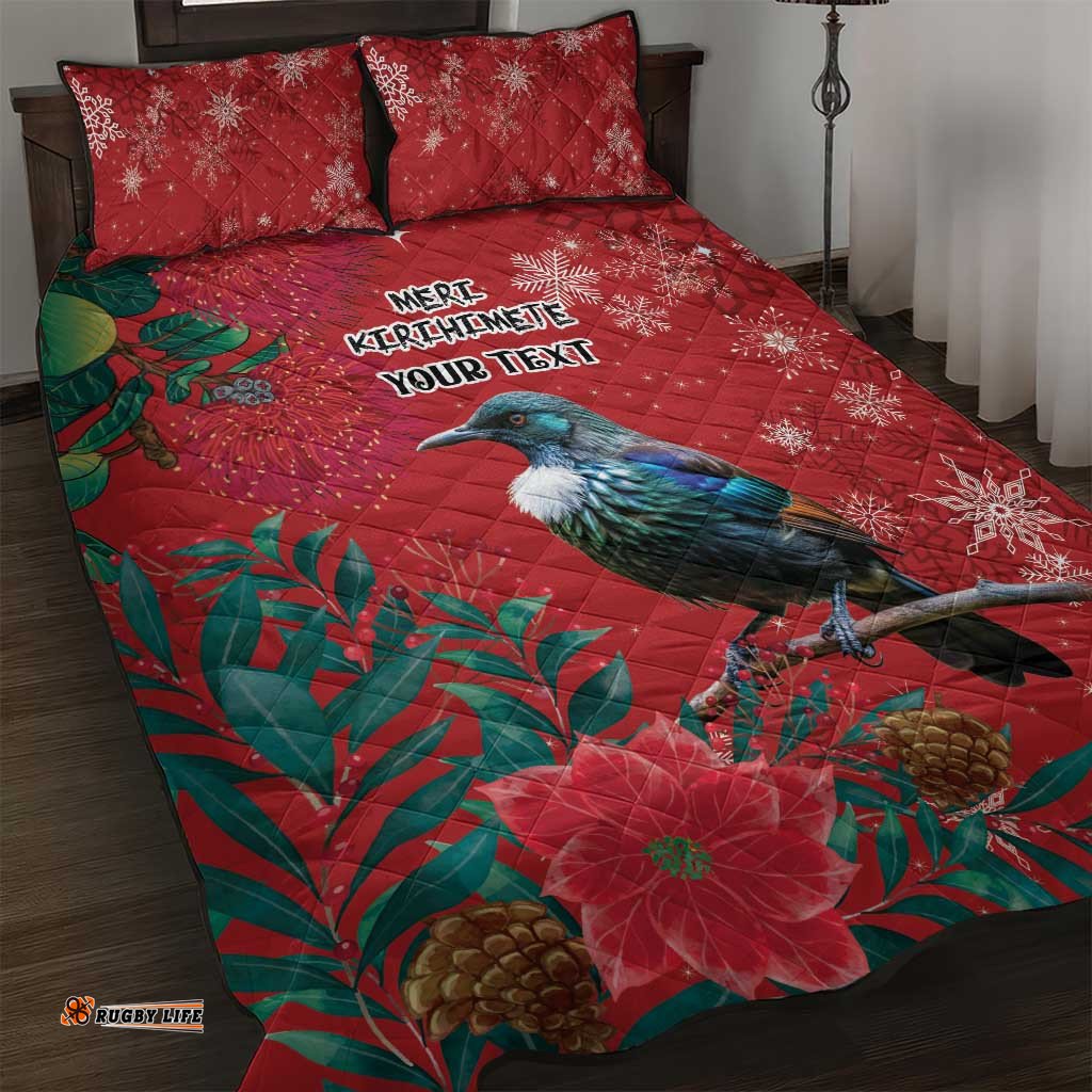 Tui Meri Kirihimete Personalised Quilt Bed Set Pohutukawa Flowers Red Motif LT9