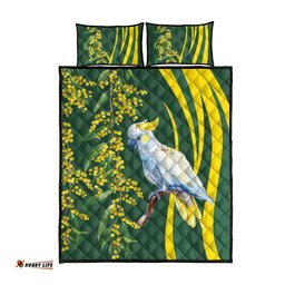 White Cockatoo and Golden Wattle Quilt Bed Set Australian Native Bird LT9