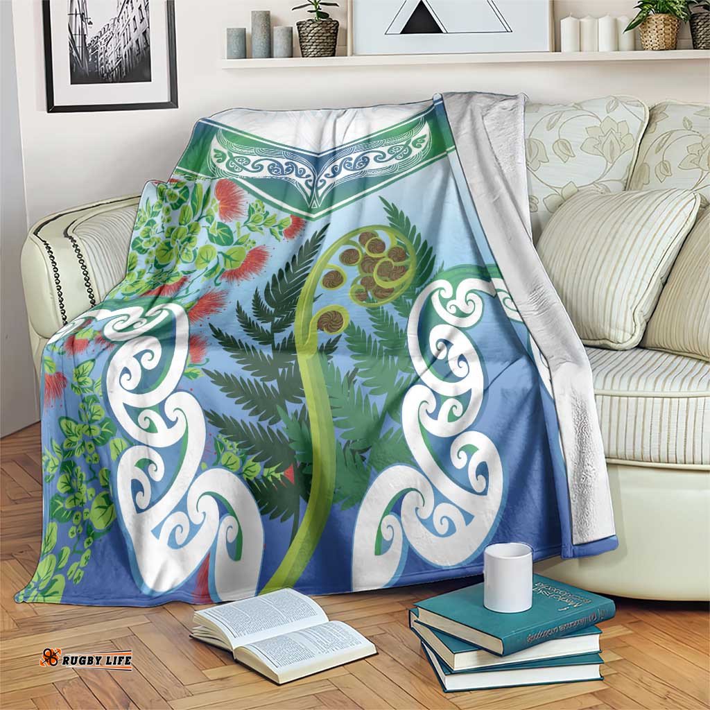 Aotearoa New Zealand Natural Plants Blanket Pohutukawa with Silver Ferns Koru Frond Maori Tattoos LT03