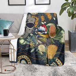 Aussie Honeyeaters Banksia Christmas Blanket Aboriginal Dots Painting Blue Motif LT9