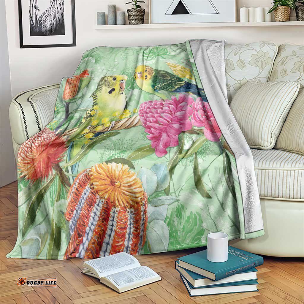 Birds and Floral Aussie Budgerigars Blanket Mint Opal LT7