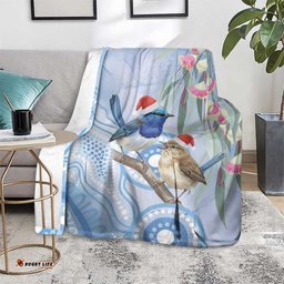 Australia Superb Fairywren Christmas Blanket Aboriginal Eucalyptus Blossoms Watercolor LT14