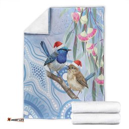 Australia Superb Fairywren Christmas Blanket Aboriginal Eucalyptus Blossoms Watercolor LT14