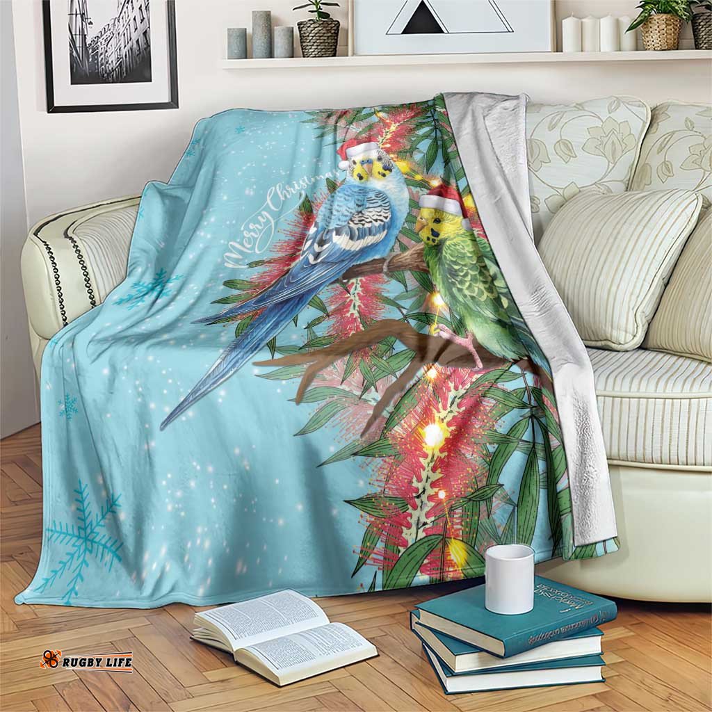 Blue Budgies on Callistemon Blanket Merry Christmas Aussie LT7