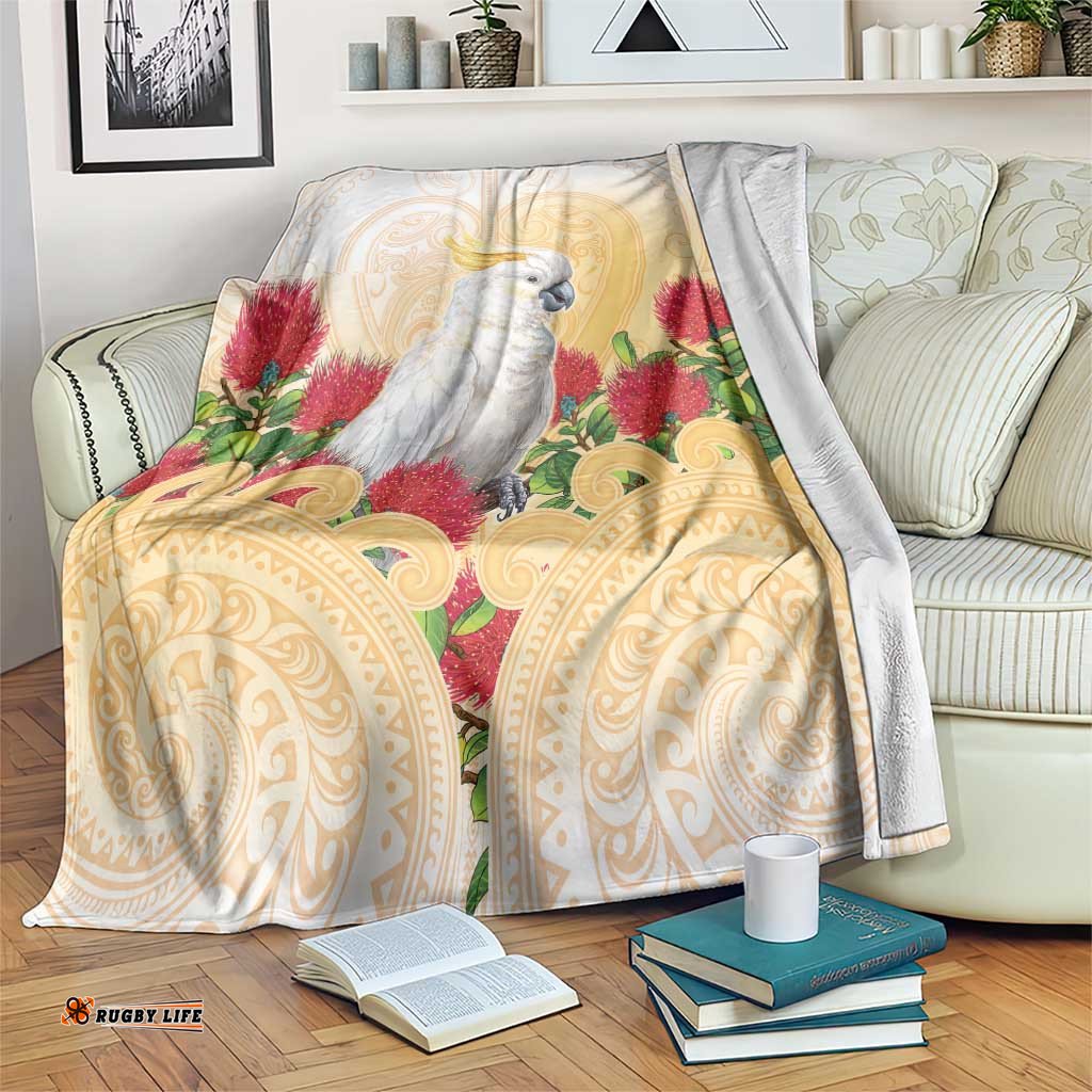 New Zealand Aotearoa Cockatoo Blanket Maori Pattern With Pohutukawa Flowers LT05