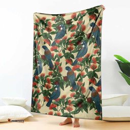 New Zealand Christmas Blanket Romantic Tui Birds on Pohutukawa - Ivory LT7