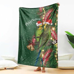 Green Budgerigars on Callistemon Blanket Merry Christmas Aussie LT7