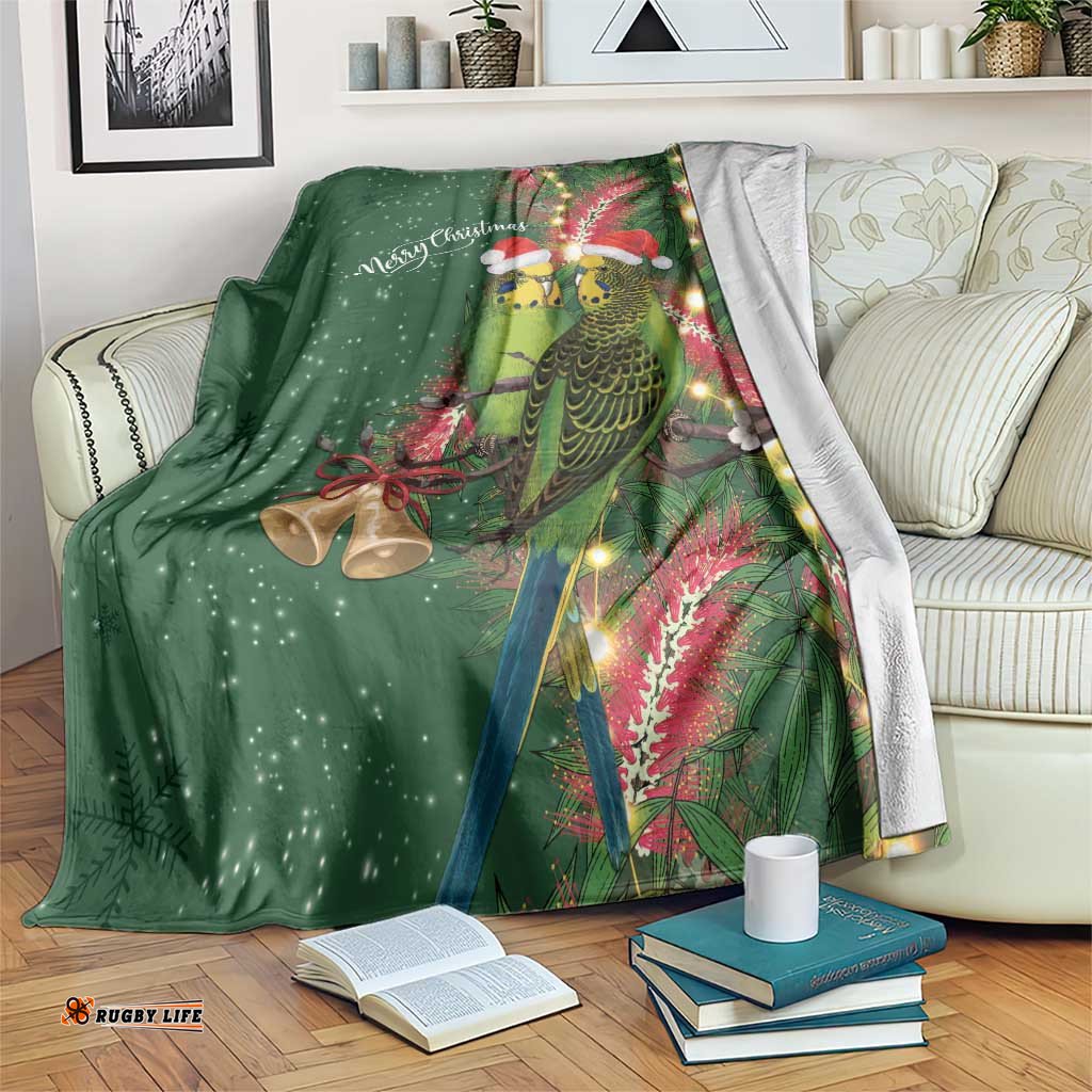 Green Budgerigars on Callistemon Blanket Merry Christmas Aussie LT7