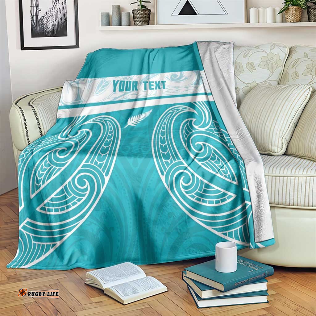 New Zealand Silver Fern Cricket Custom Blanket Black Cap Teal Maori Pattern LT14