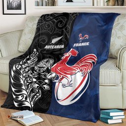 France And New Zealand Rugby Blanket Les Bleus Rooster With Maori Tiki LT05