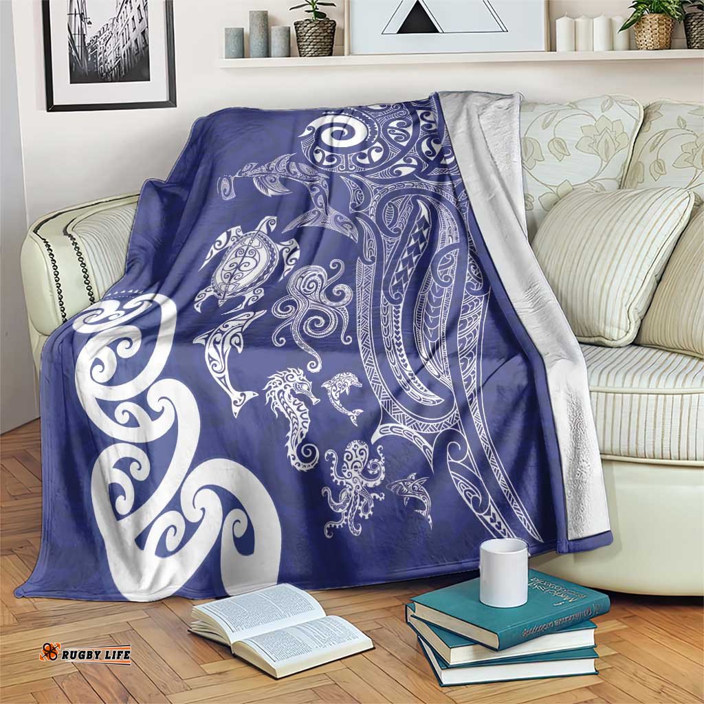 New Zealand Sea Animals with Maori Tribal Tattoo Blanket Blue Color LT03
