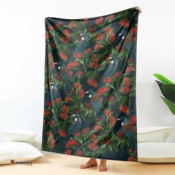 New Zealand Christmas Blanket Romantic Tui Birds on Pohutukawa - Cobalt LT7