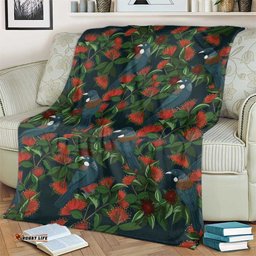 New Zealand Christmas Blanket Romantic Tui Birds on Pohutukawa - Cobalt LT7