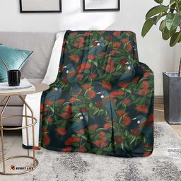 New Zealand Christmas Blanket Romantic Tui Birds on Pohutukawa - Cobalt LT7