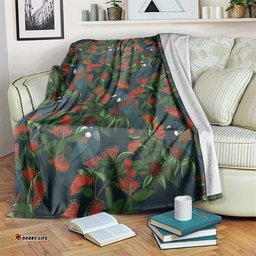 New Zealand Christmas Blanket Romantic Tui Birds on Pohutukawa - Cobalt LT7