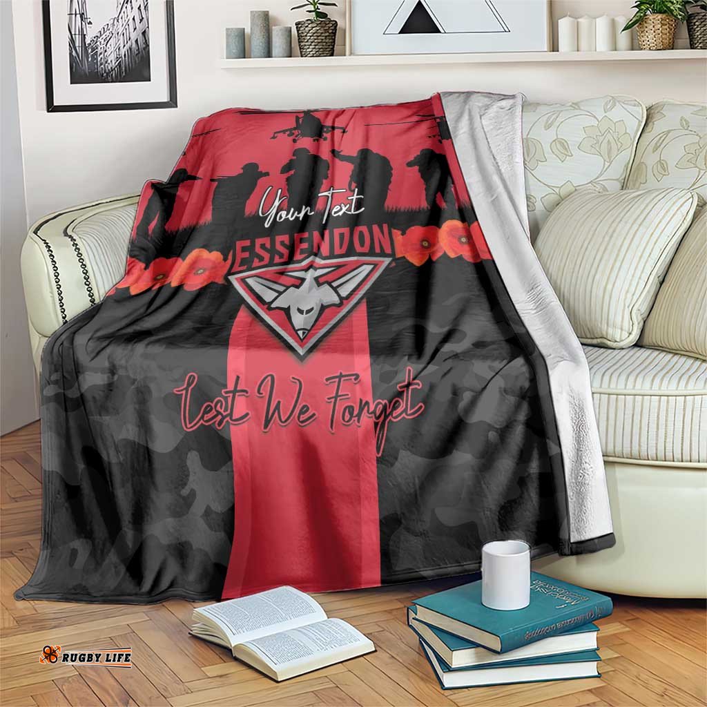 Personalised Essendon Football ANZAC Day Blanket Bombers Poppy Lest We Forget LT14