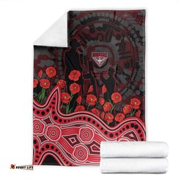 Essendon Bombers ANZAC Day Blanket Indigenous Dot Art with Poppy Flower Tribute TS04