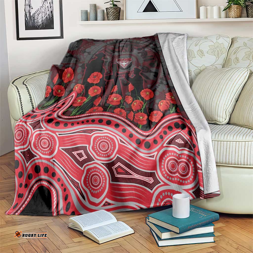 Essendon Bombers ANZAC Day Blanket Indigenous Dot Art with Poppy Flower Tribute TS04