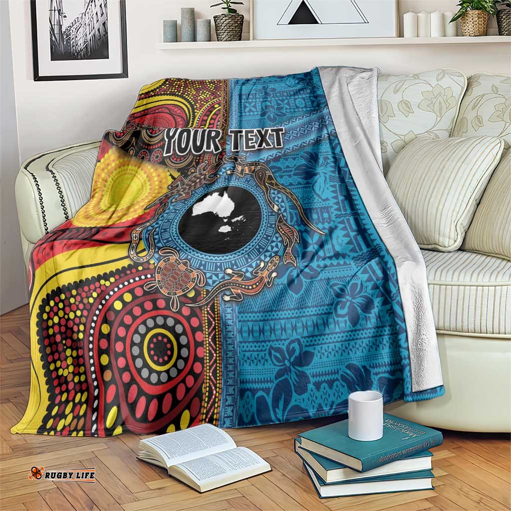 Personalised Australia and Fiji Together Blanket Tribal Palm Tree with Tapa and Aboriginal Animals Half Style LT03