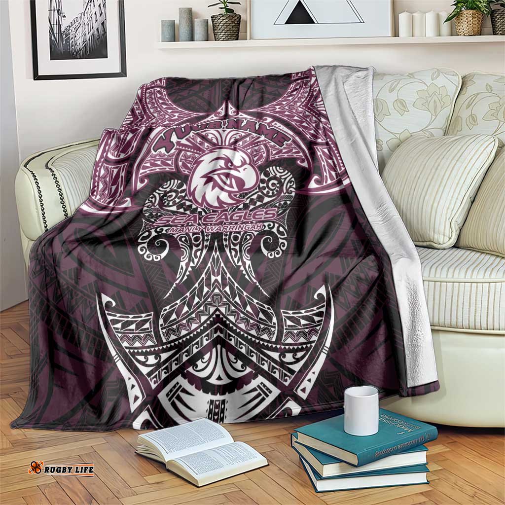 Personalized Manly Warringah Sea Eagles Blanket Polynesian Tribal Pattern Style TS04